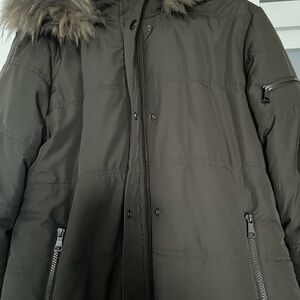 Dark Brown Puffer Coat with Faux Fur Hood